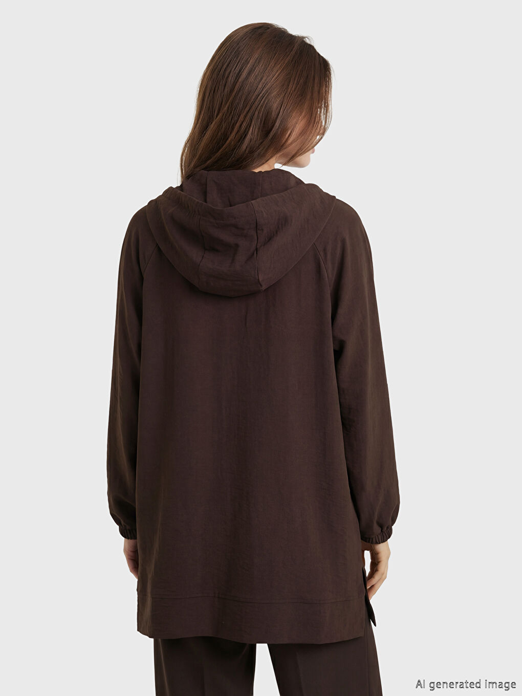 Kahverengi Kapüşonlu Oversize Kadın Tunik-3