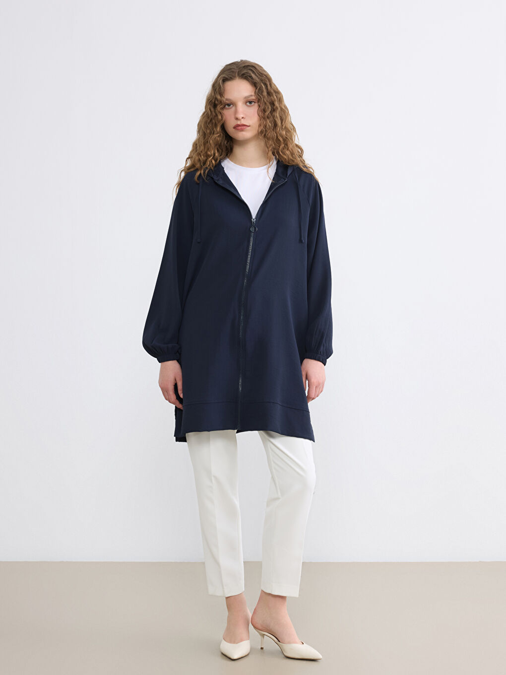 Lacivert Kapüşonlu Oversize Kadın Tunik-1