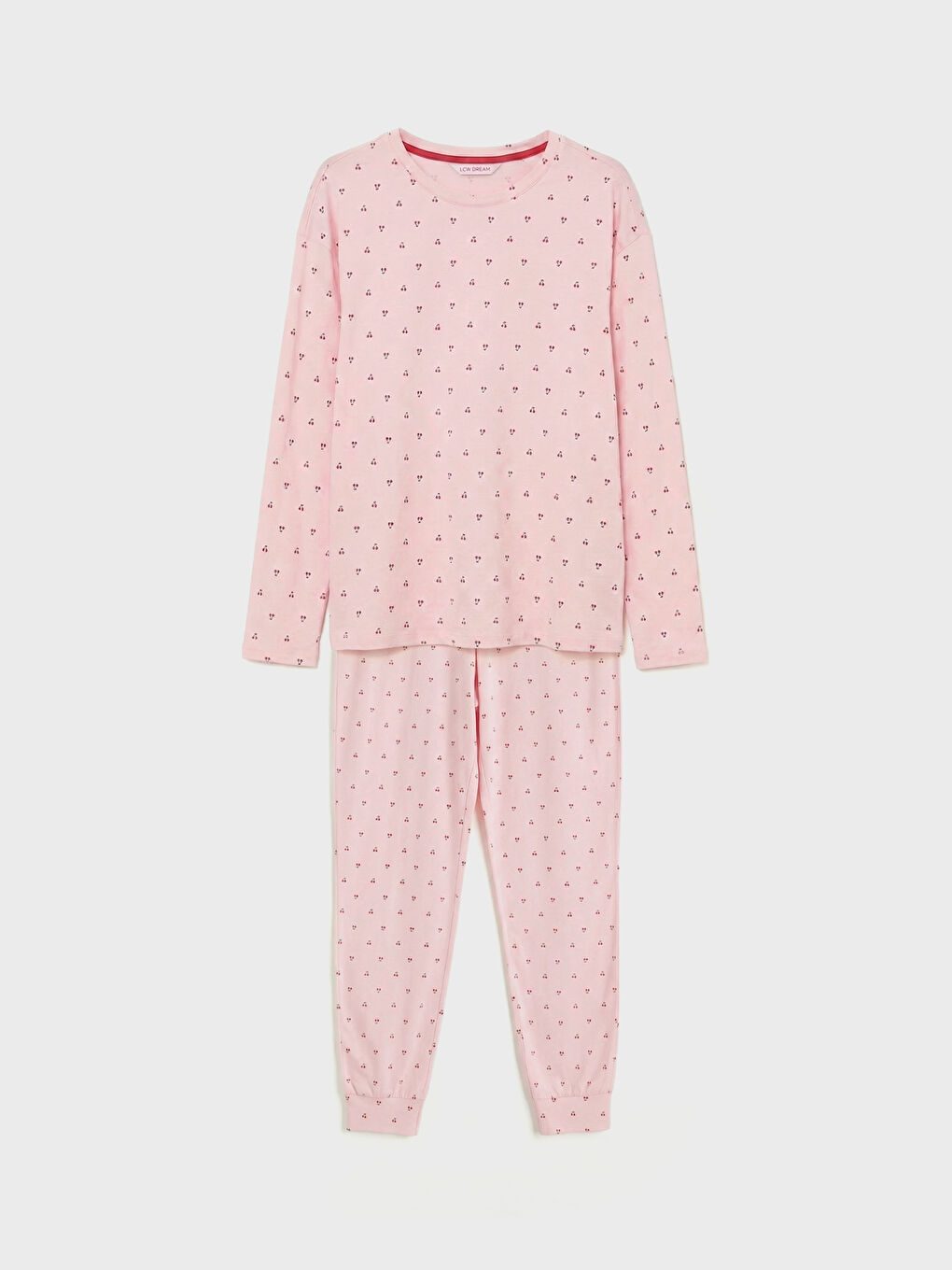 Pembe Bisiklet Yaka Kiraz Desenli Kadın Pijama Takımı