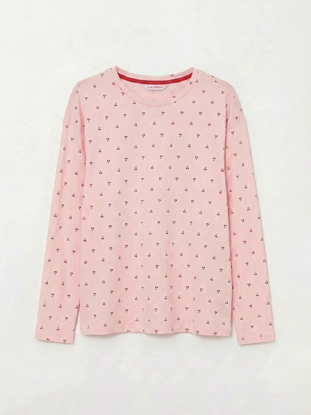 Pembe Bisiklet Yaka Kiraz Desenli Kadın Pijama Takımı-1