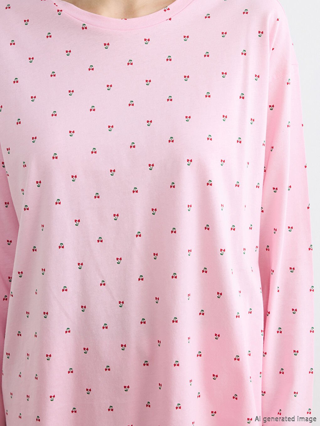 طقم بيجاما للسيدات بنمط الكرز برقبة دائرية-3