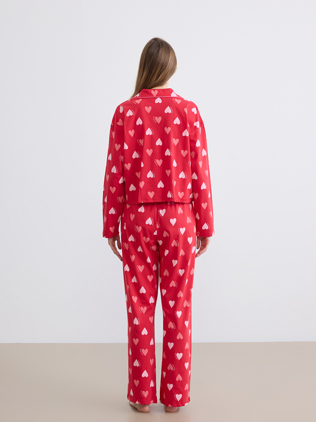 Kırmızı Kalp Desenli Kadın Pijama Alt-1