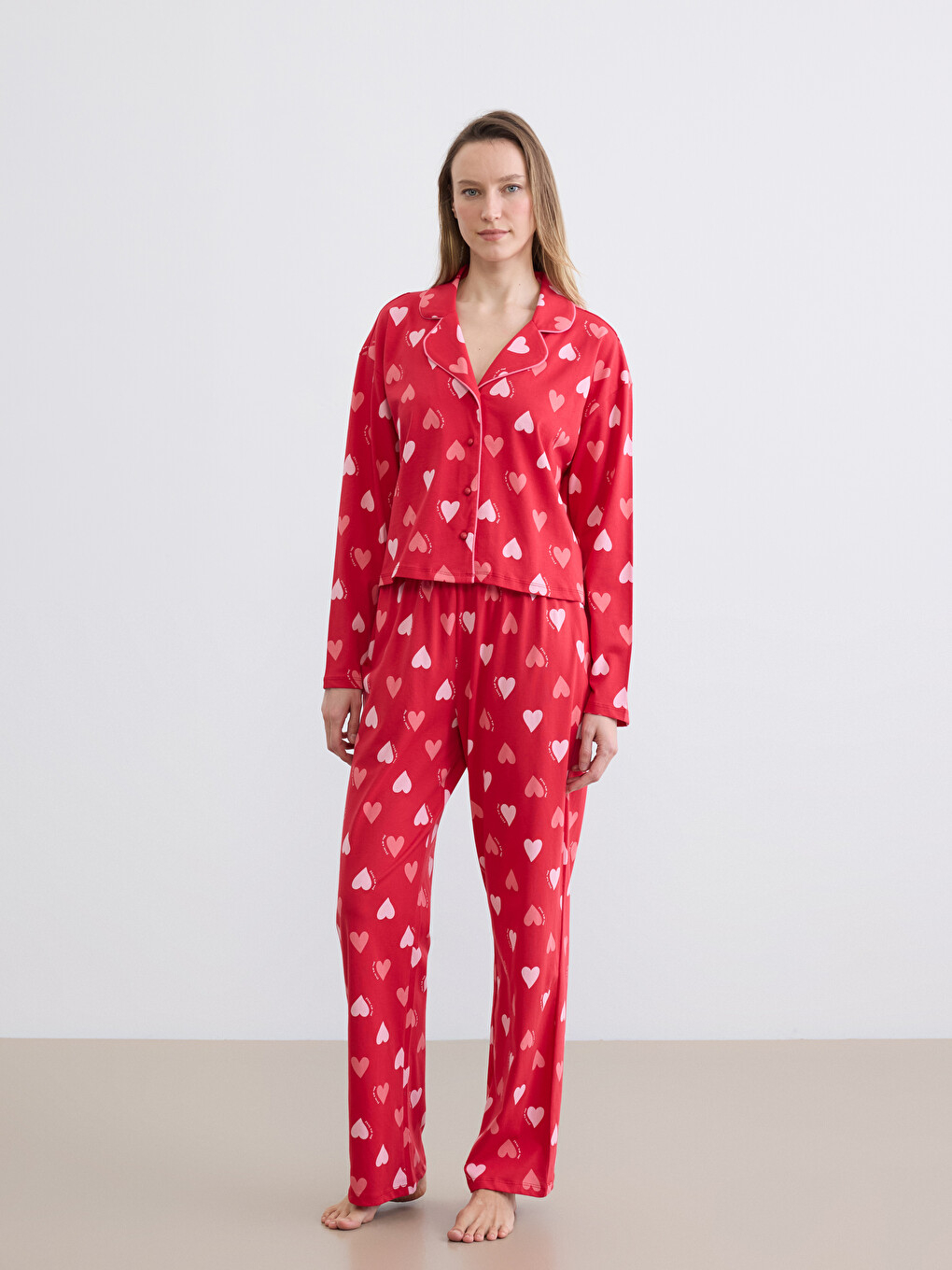 Kırmızı Kalp Desenli Kadın Pijama Alt