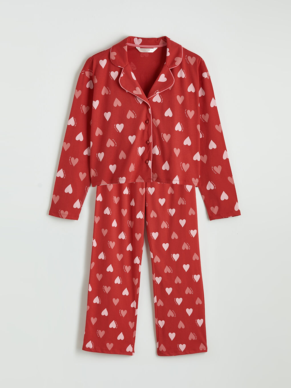 Kırmızı Gömlek Yaka Kalp Desenli Kadın Pijama Takımı