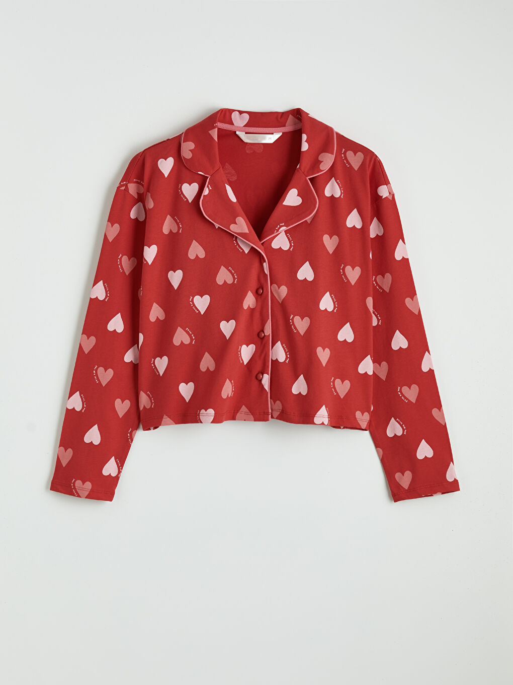 Kırmızı Gömlek Yaka Kalp Desenli Kadın Pijama Takımı-1