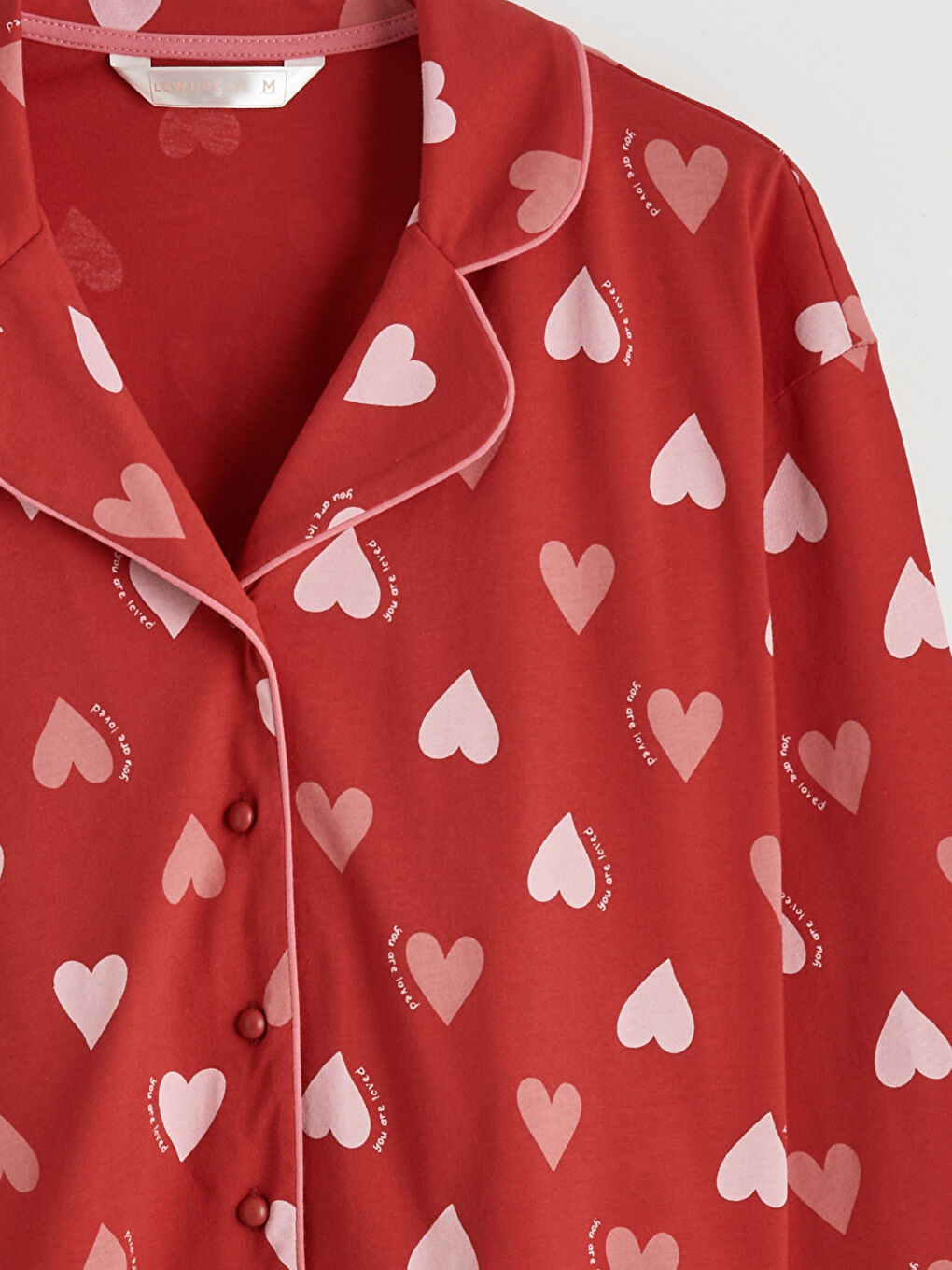 Kırmızı Gömlek Yaka Kalp Desenli Kadın Pijama Takımı-3