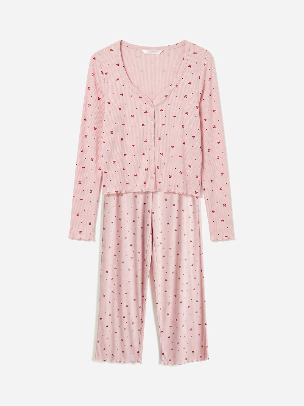 Pembe Kalp Yaka Fiyonk Desenli Kadın Pijama Takım