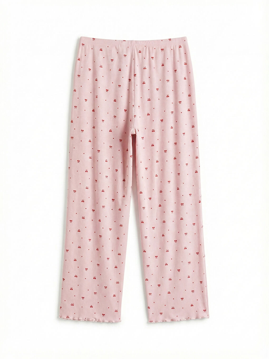 Pembe Kalp Yaka Fiyonk Desenli Kadın Pijama Takım-4