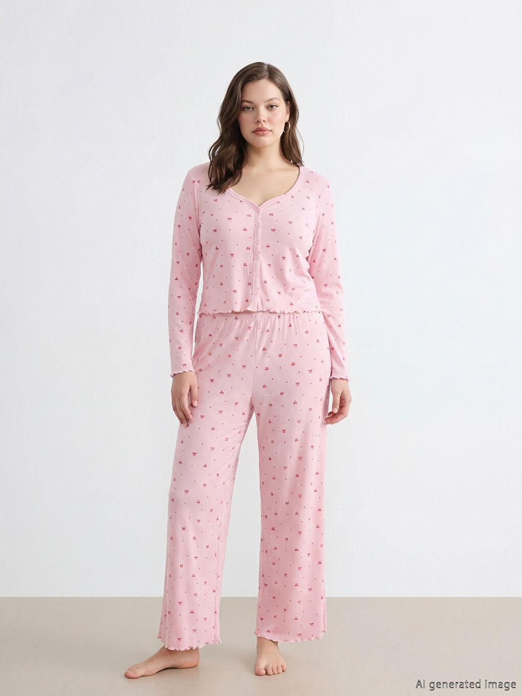 Heart Neckline Pajama Set with Bow Detail-1