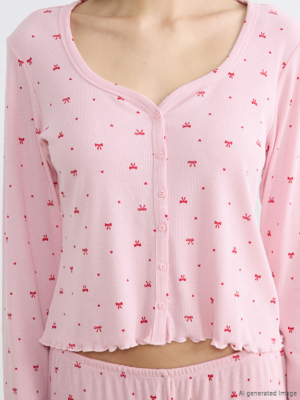 Heart Neckline Pajama Set with Bow Detail-4