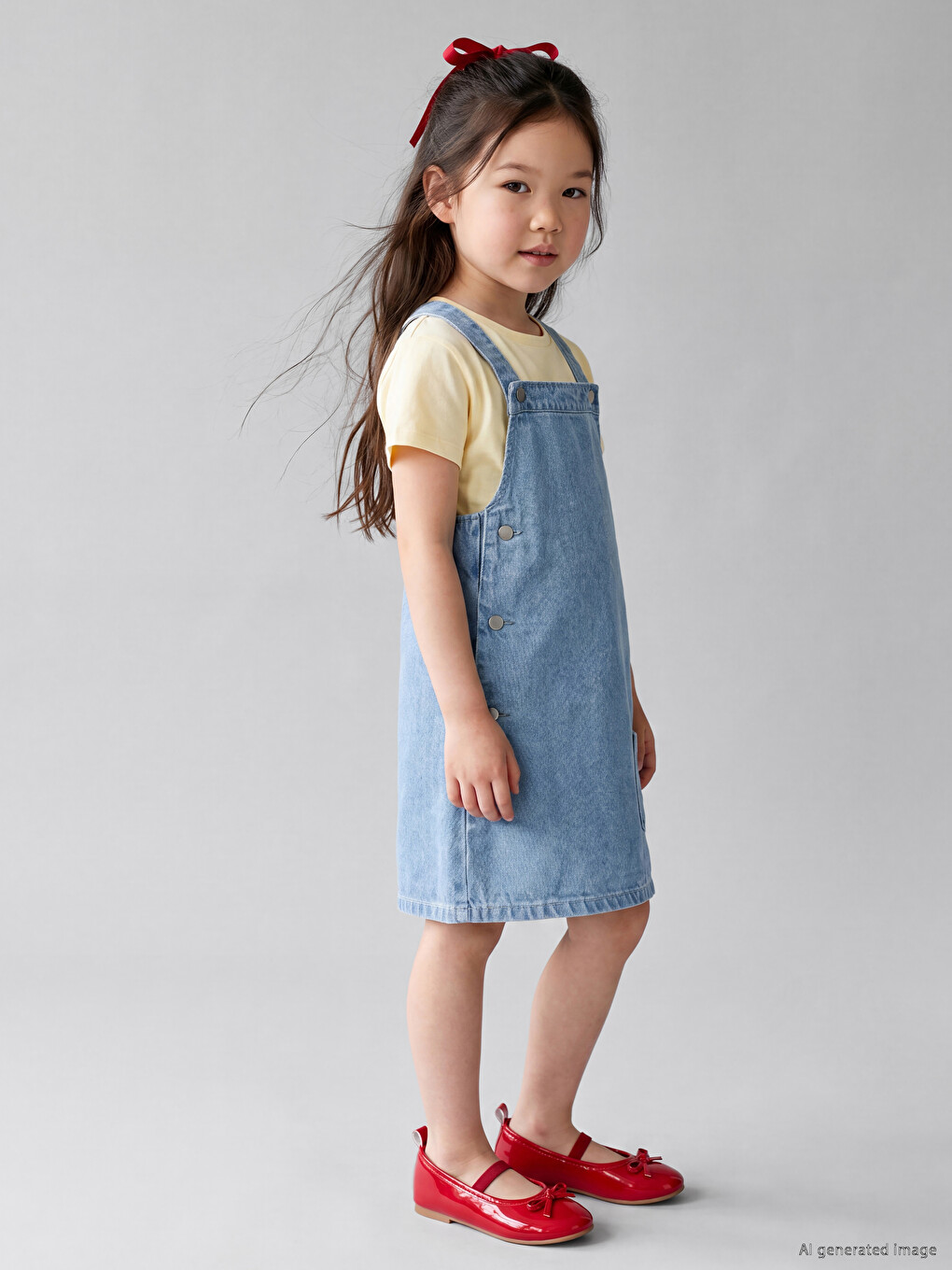 Robe Tablier En Jean Brodé À Col Carré Pour Fille-1