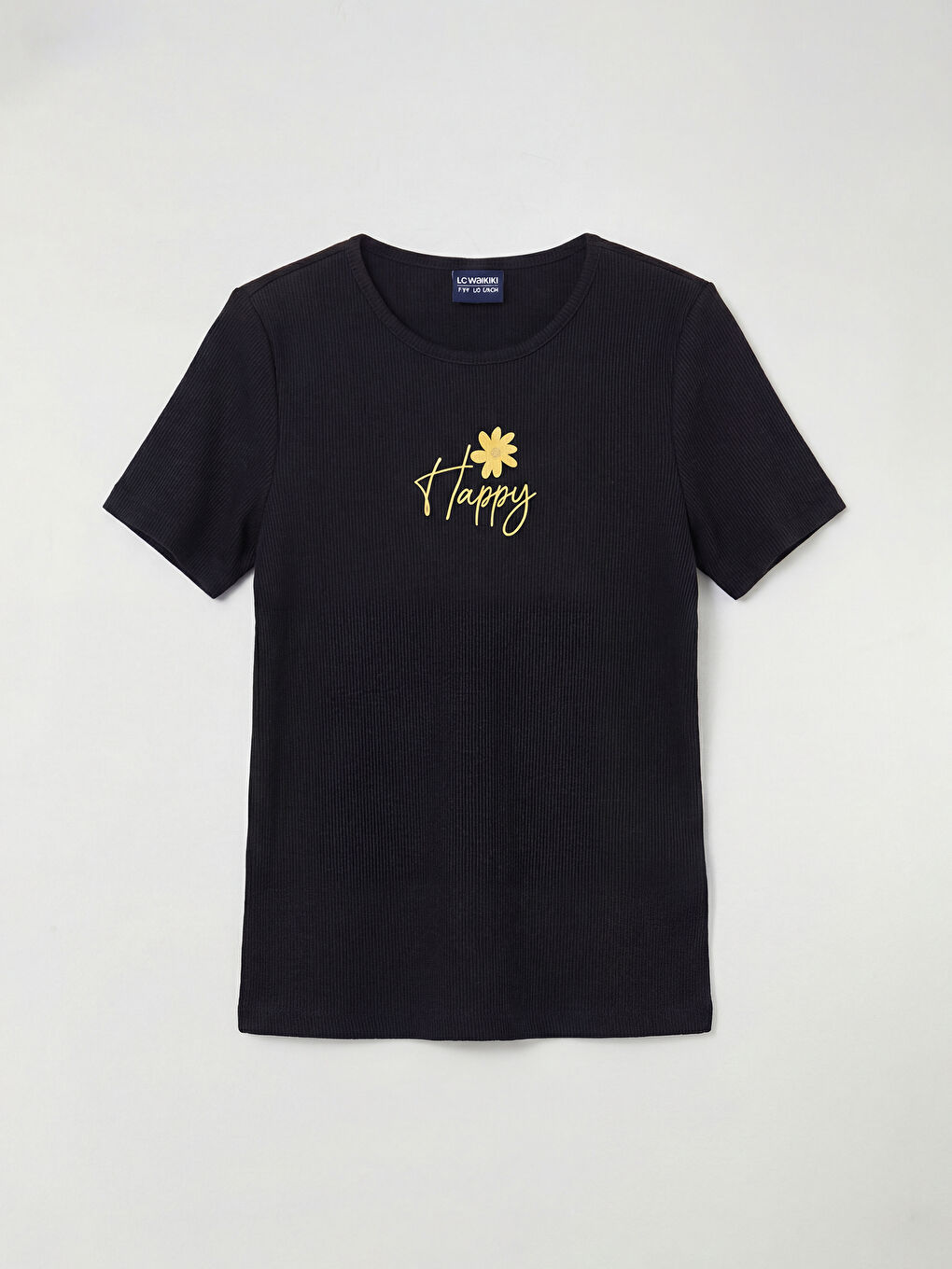 Siyah Bisiklet Yaka Baskılı Kız Çocuk Tişört