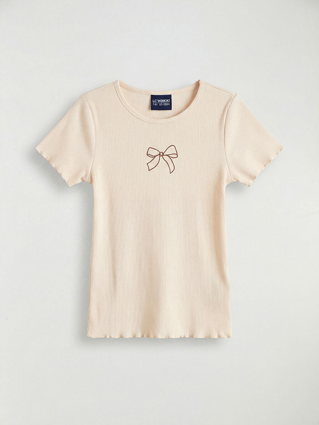 Ekru Bisiklet Yaka Fiyonk Baskılı Kız Çocuk Tişört