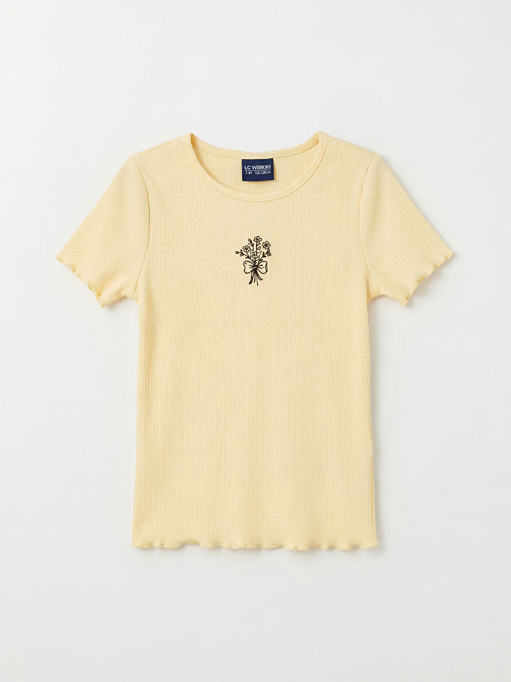 Sarı Bisiklet Yaka Çiçekli Kız Çocuk Tişört