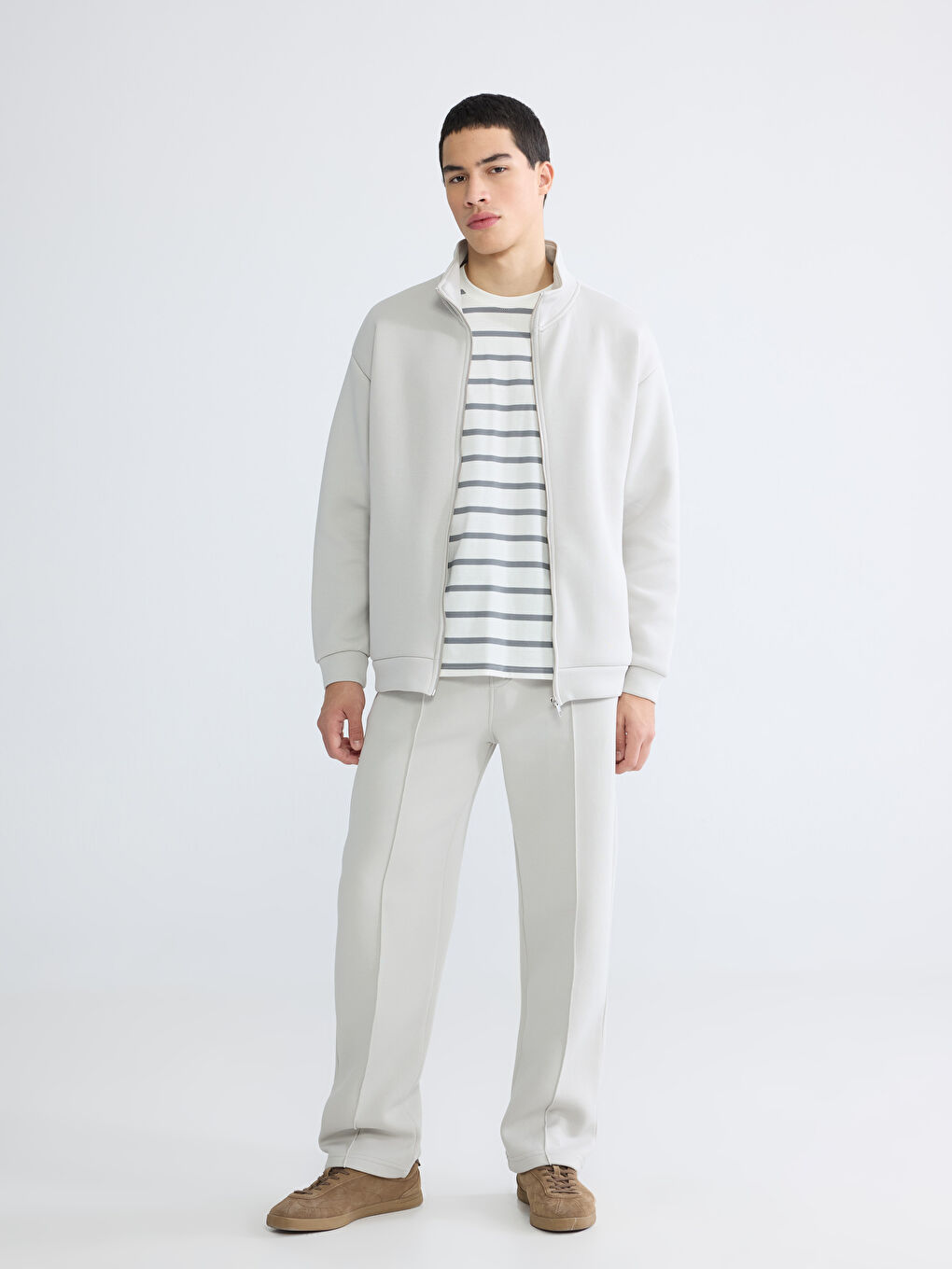 Gri Dik Yaka Erkek Fermuarlı Sweatshirt-1