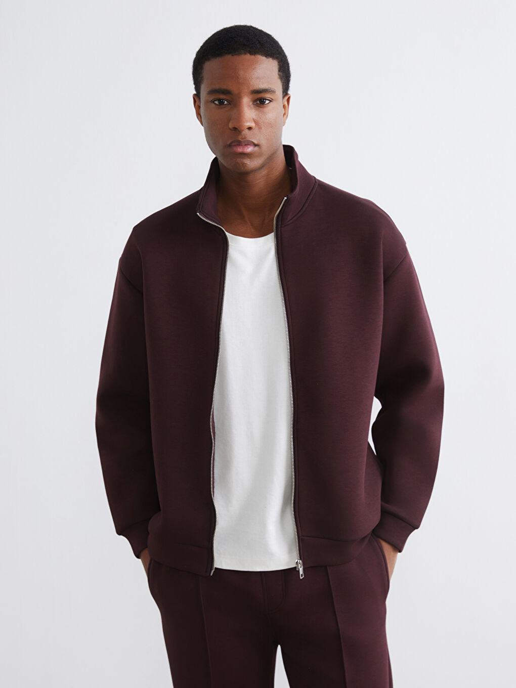 Bordo Dik Yaka Erkek Fermuarlı Sweatshirt
