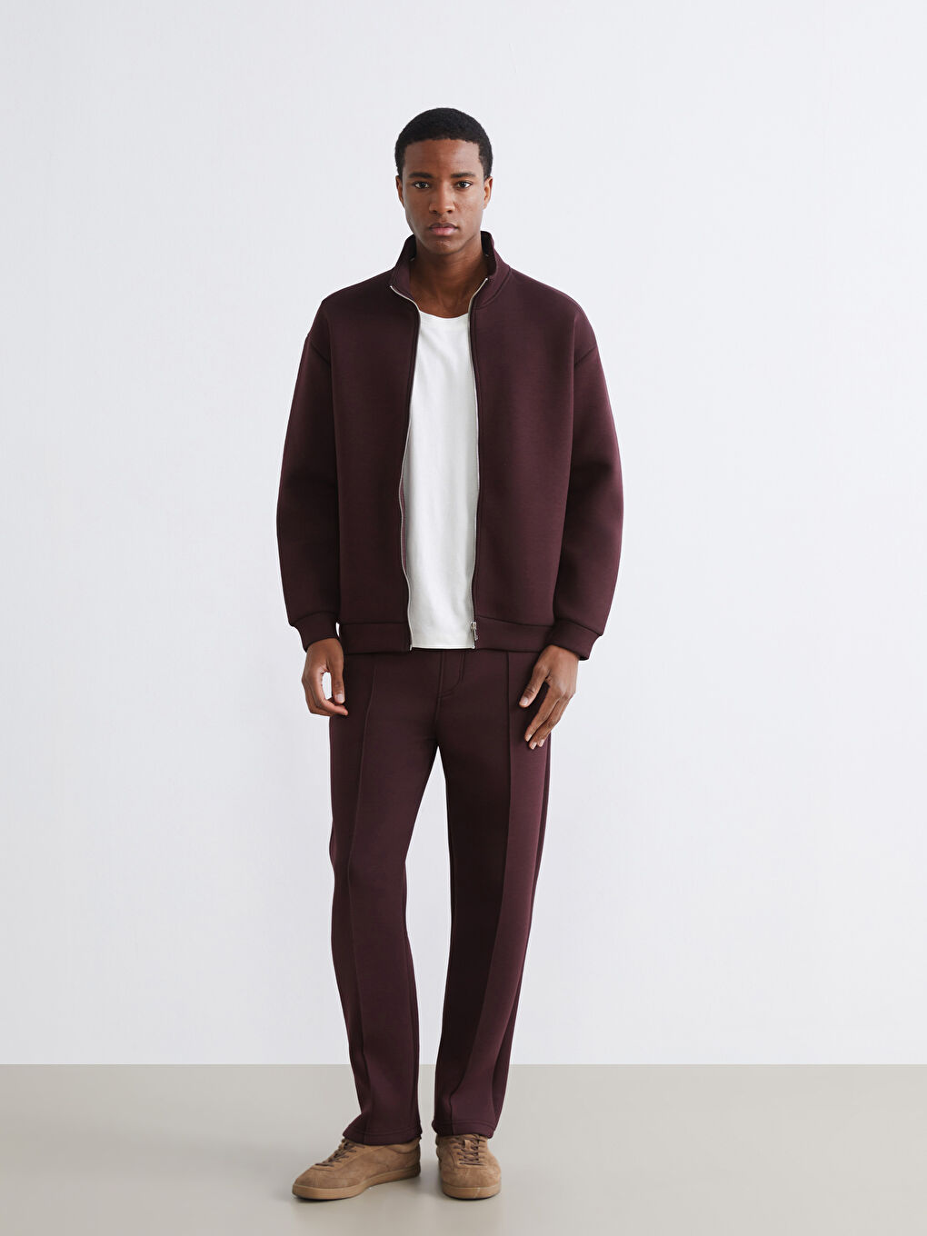 Bordo Dik Yaka Erkek Fermuarlı Sweatshirt-1