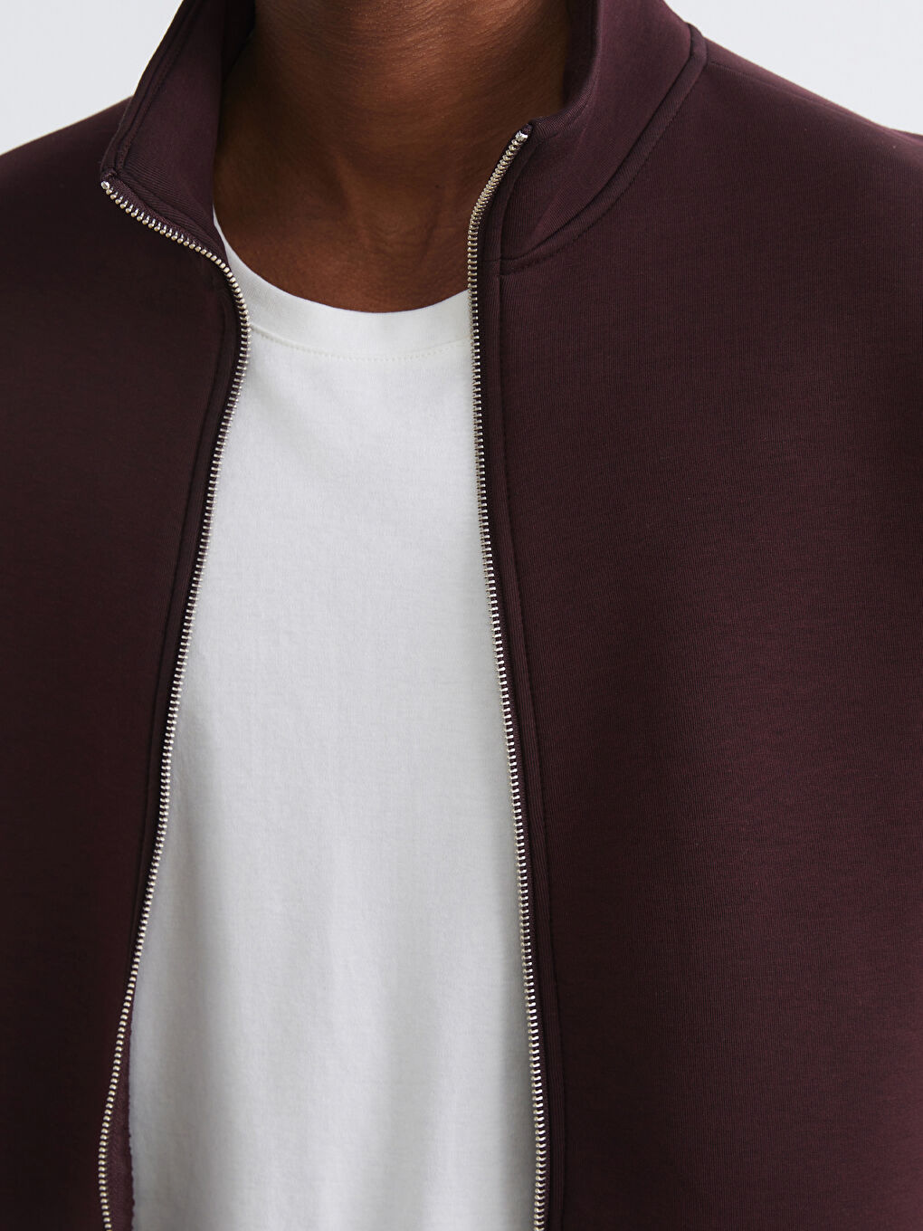 Bordo Dik Yaka Erkek Fermuarlı Sweatshirt-2