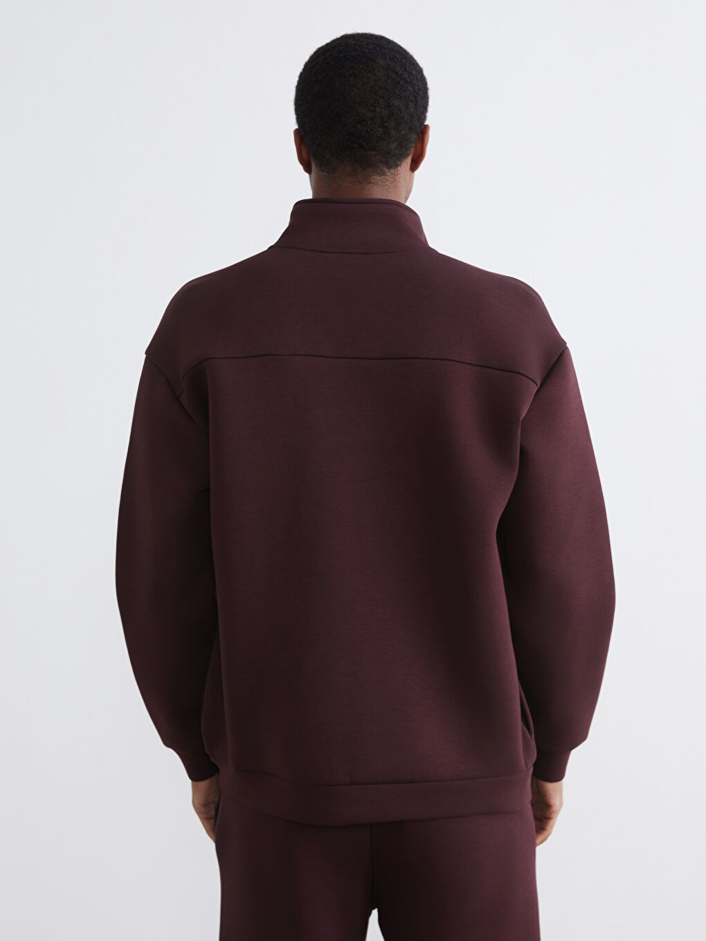 Bordo Dik Yaka Erkek Fermuarlı Sweatshirt-3