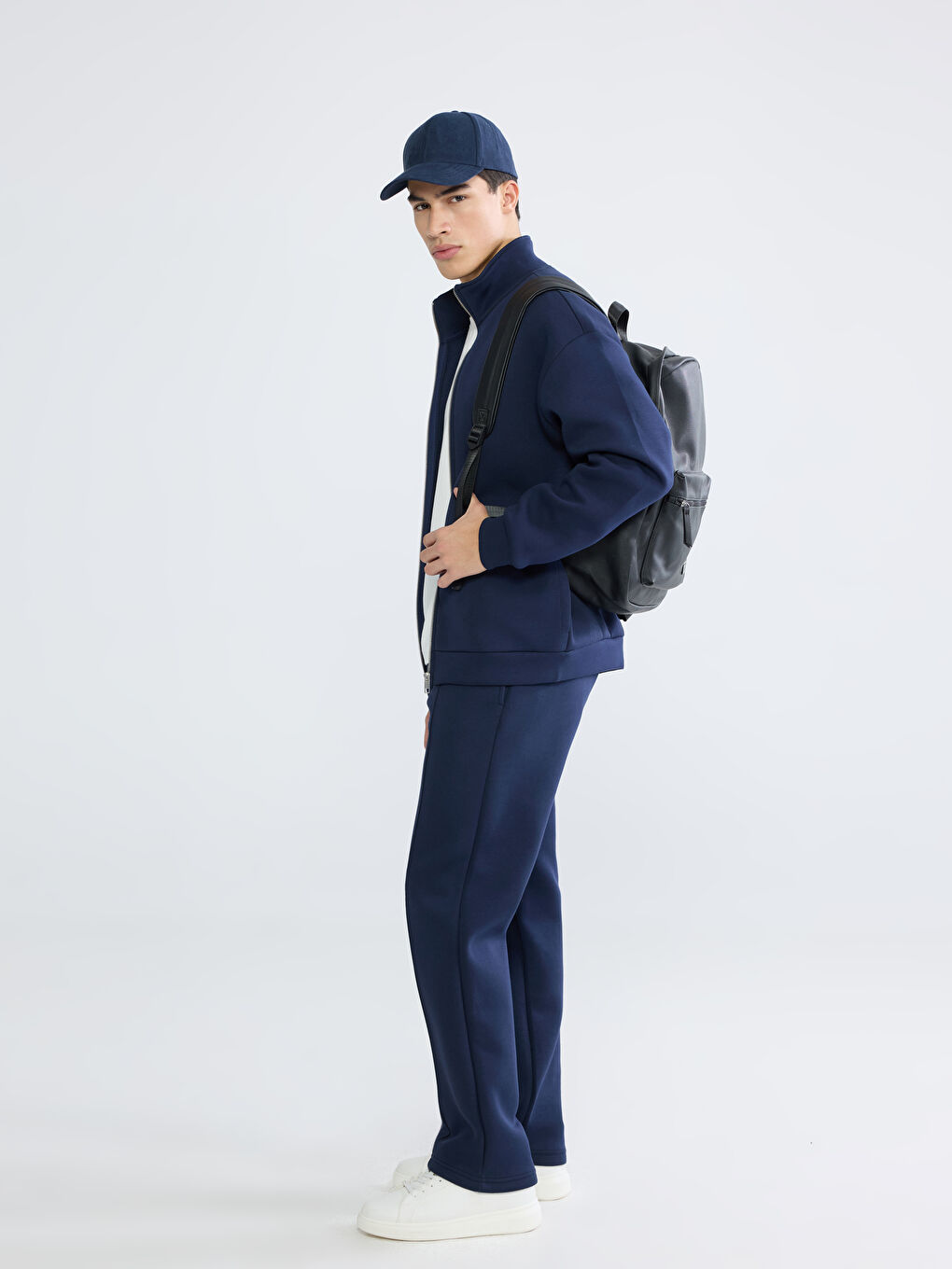 Lacivert Dik Yaka Erkek Fermuarlı Sweatshirt-1