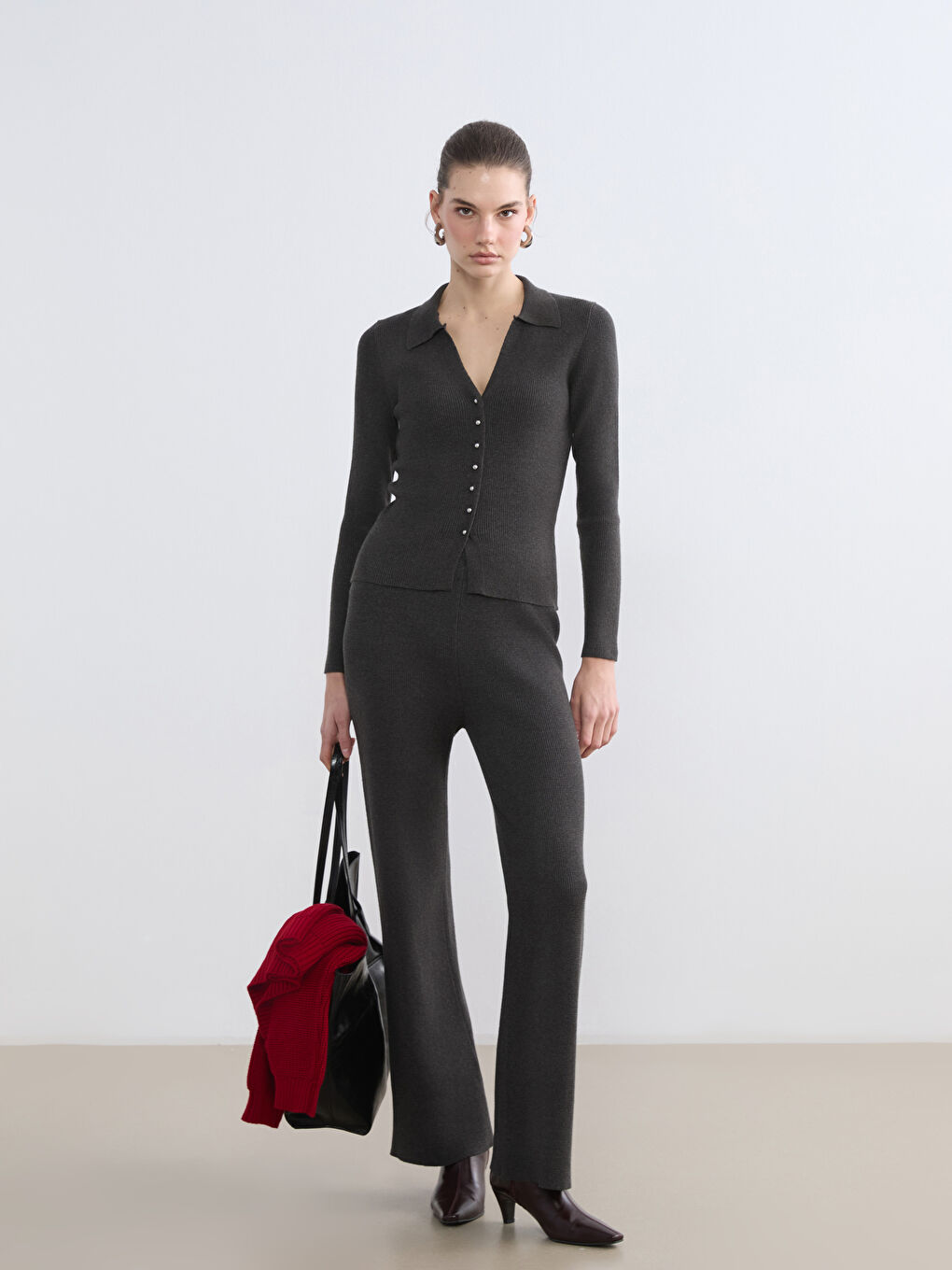 Antrasit Polo Yaka Kadın Triko Hırka-1