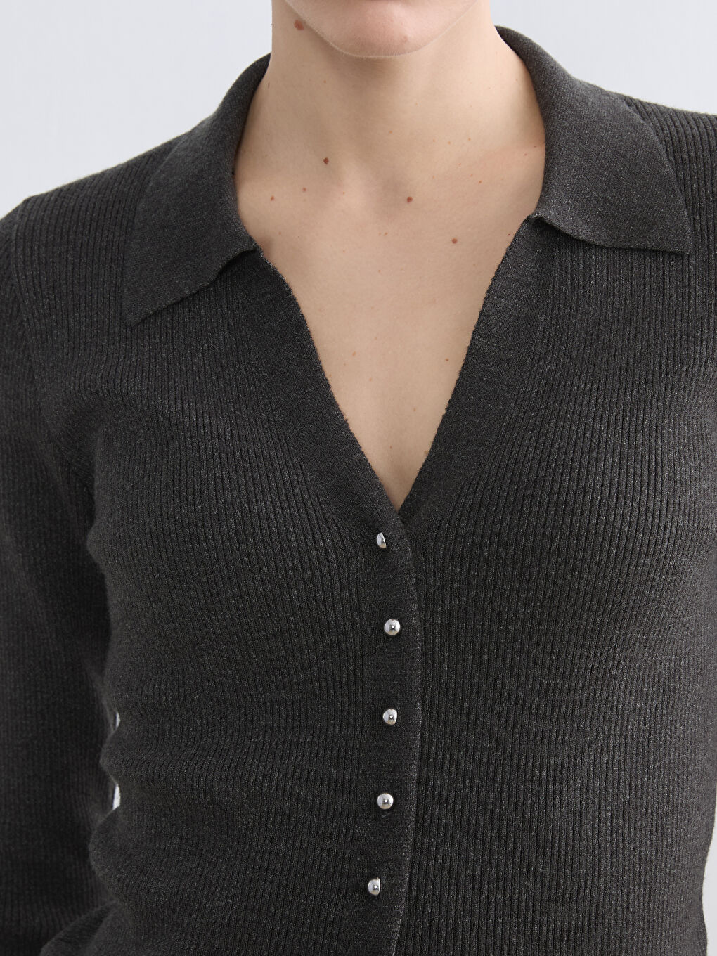 Antrasit Polo Yaka Kadın Triko Hırka-2