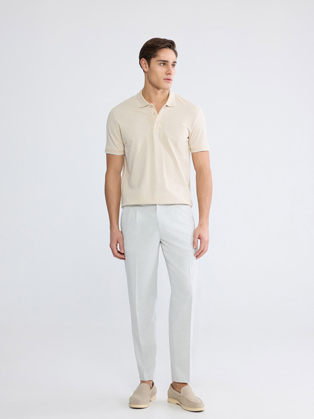 Bej Polo Yaka Desenli Pike Erkek Tişört-1