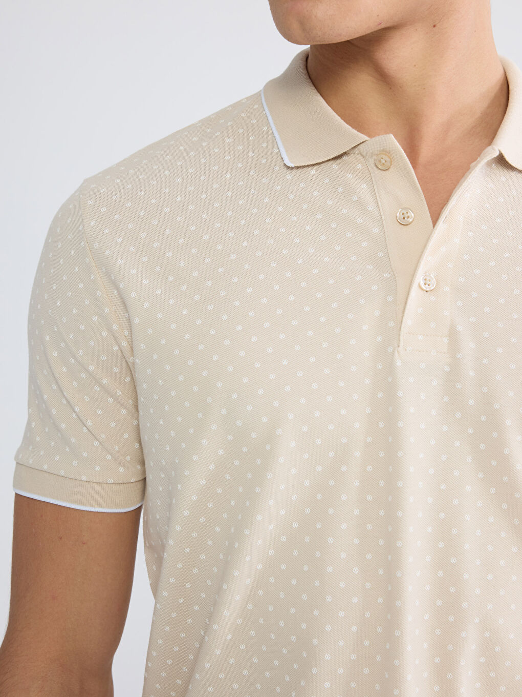 Bej Polo Yaka Desenli Pike Erkek Tişört-2