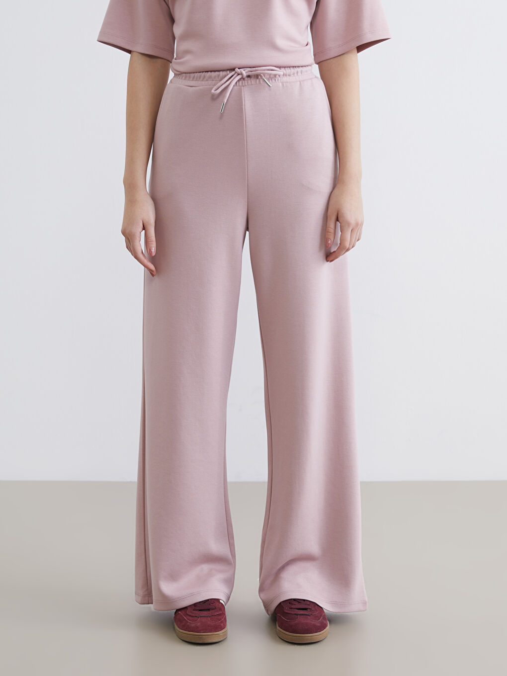 Pembe Beli Lastikli Soft Touch Kadın Eşofman Altı-1