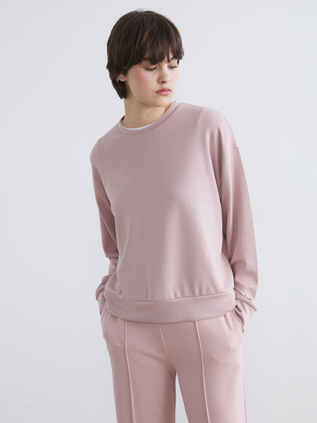 Pembe Bisiklet Yaka Soft Touch Kadın Sweatshirt