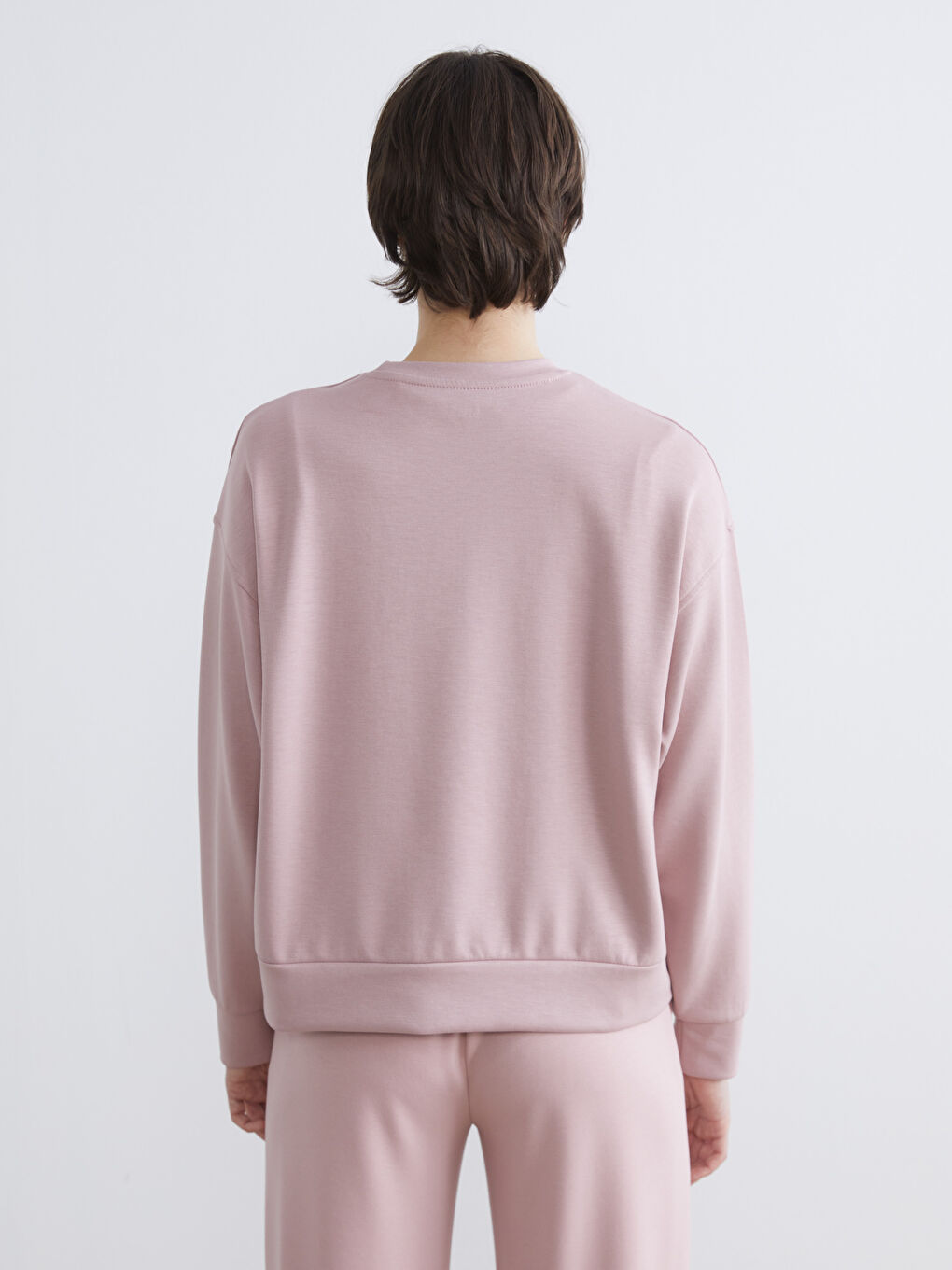 Pembe Bisiklet Yaka Soft Touch Kadın Sweatshirt-3