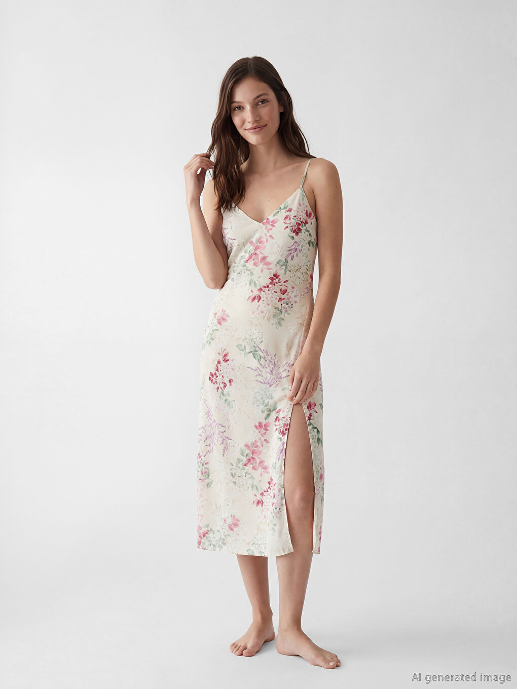 Ekru Çiçekli İp Askılı Kadın Saten Fantezi Gecelik-4