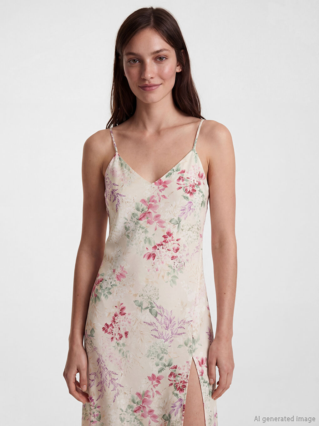 Ekru Çiçekli İp Askılı Kadın Saten Fantezi Gecelik-5