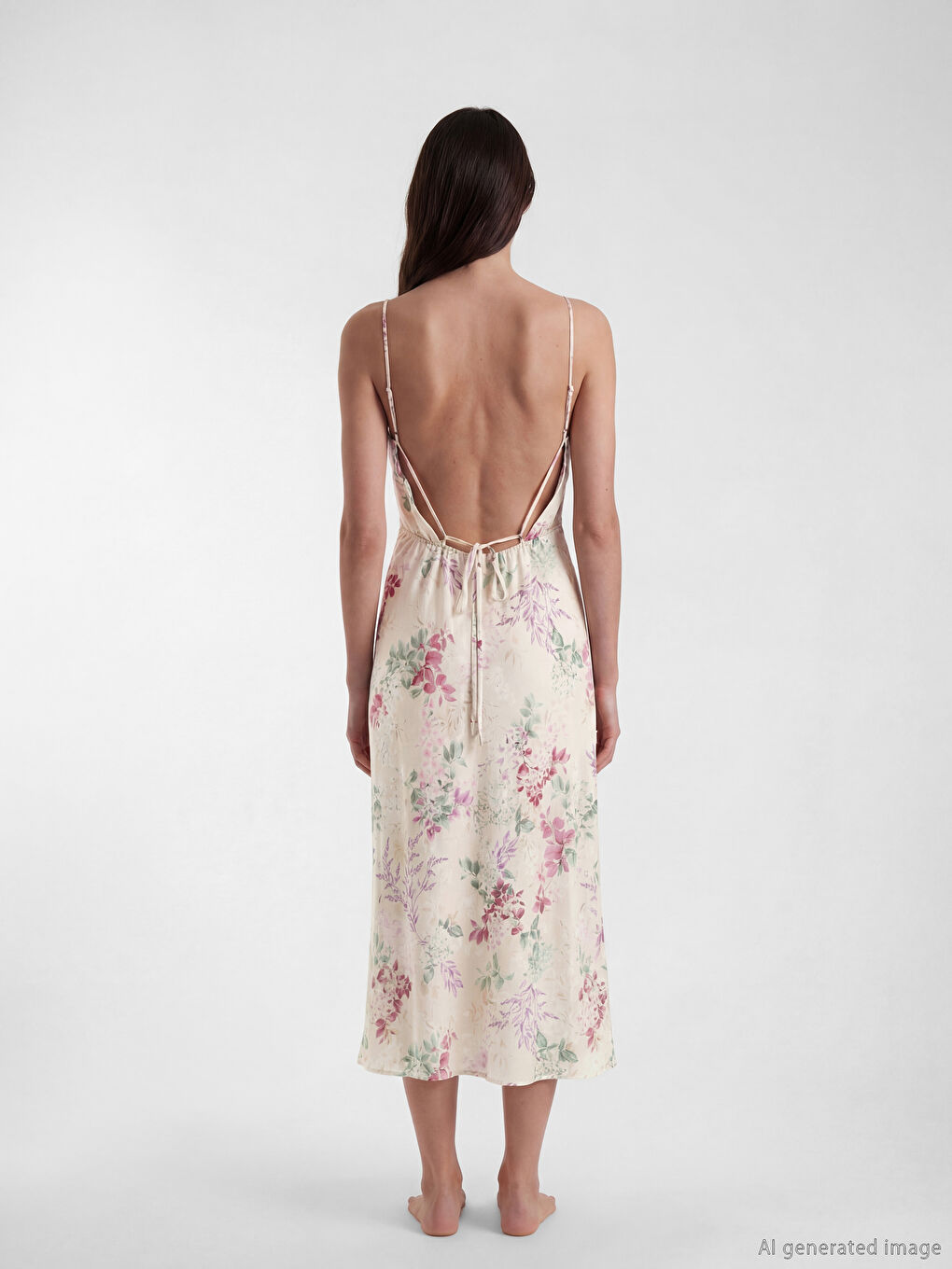 Ekru Çiçekli İp Askılı Kadın Saten Fantezi Gecelik-9