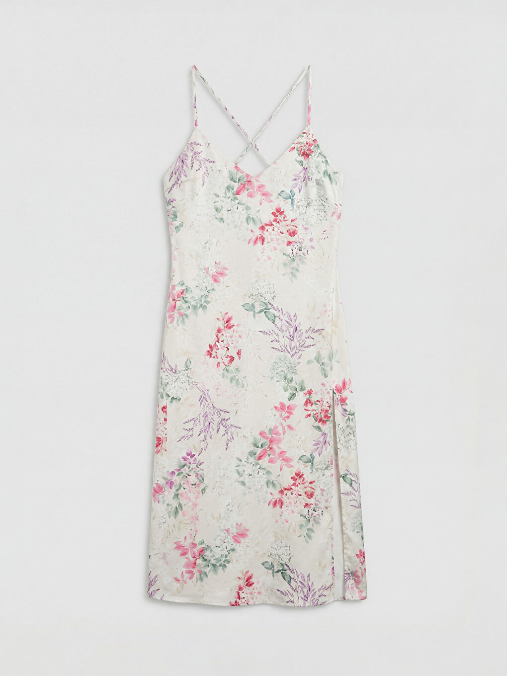 Ekru Çiçekli İp Askılı Kadın Saten Fantezi Gecelik-10