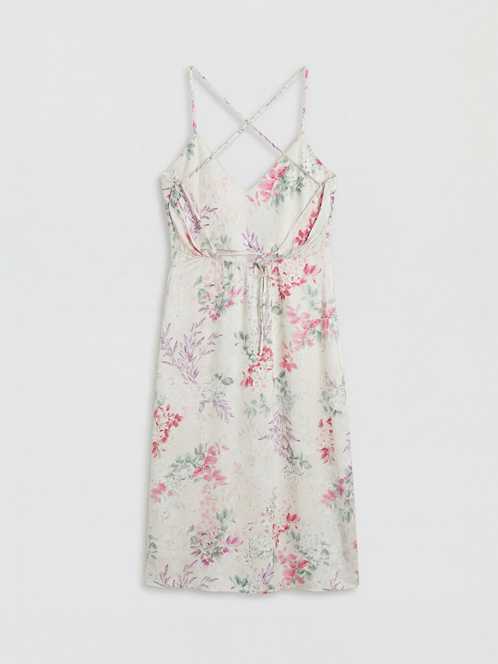 Ekru Çiçekli İp Askılı Kadın Saten Fantezi Gecelik-11