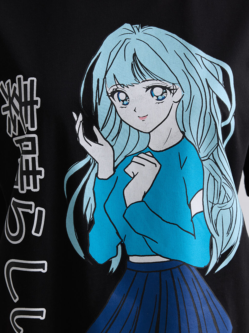 Siyah Bisiklet Yaka Baskılı Kadın Tişört-2