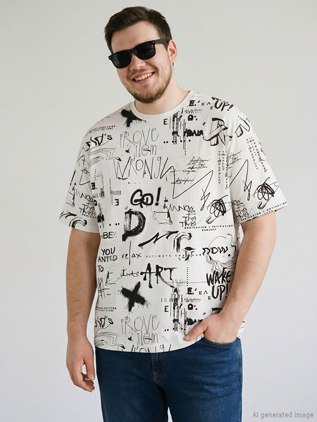 تي شيرت رجالي مطبوع بياقة دائرية