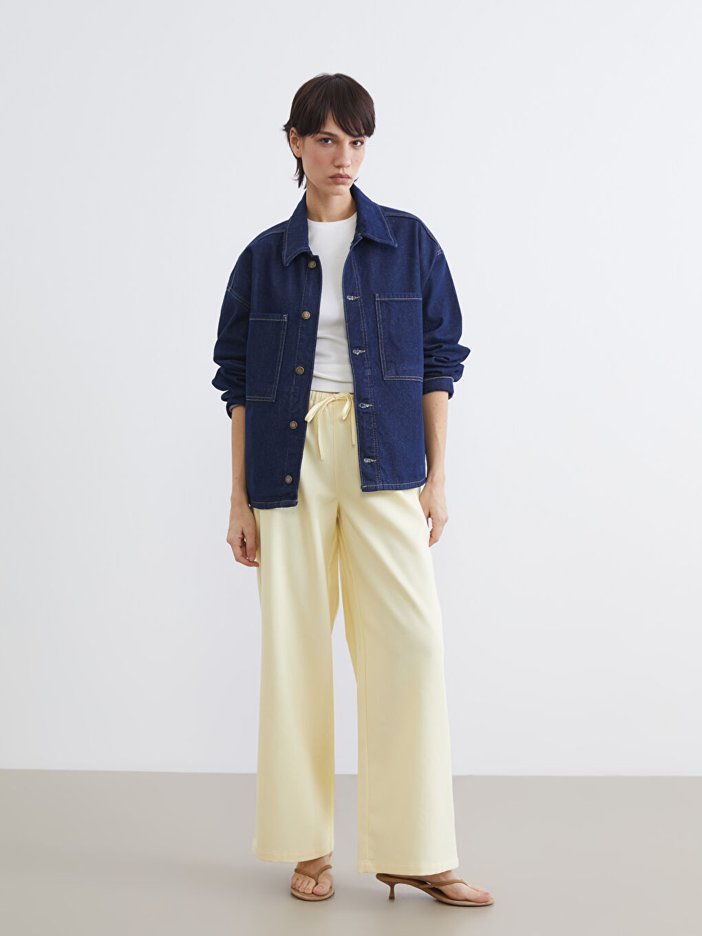 İndigo Gömlek Yaka Oversize Kadın Jean Ceket-1