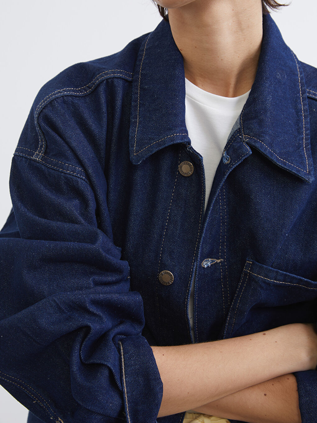 İndigo Gömlek Yaka Oversize Kadın Jean Ceket-2