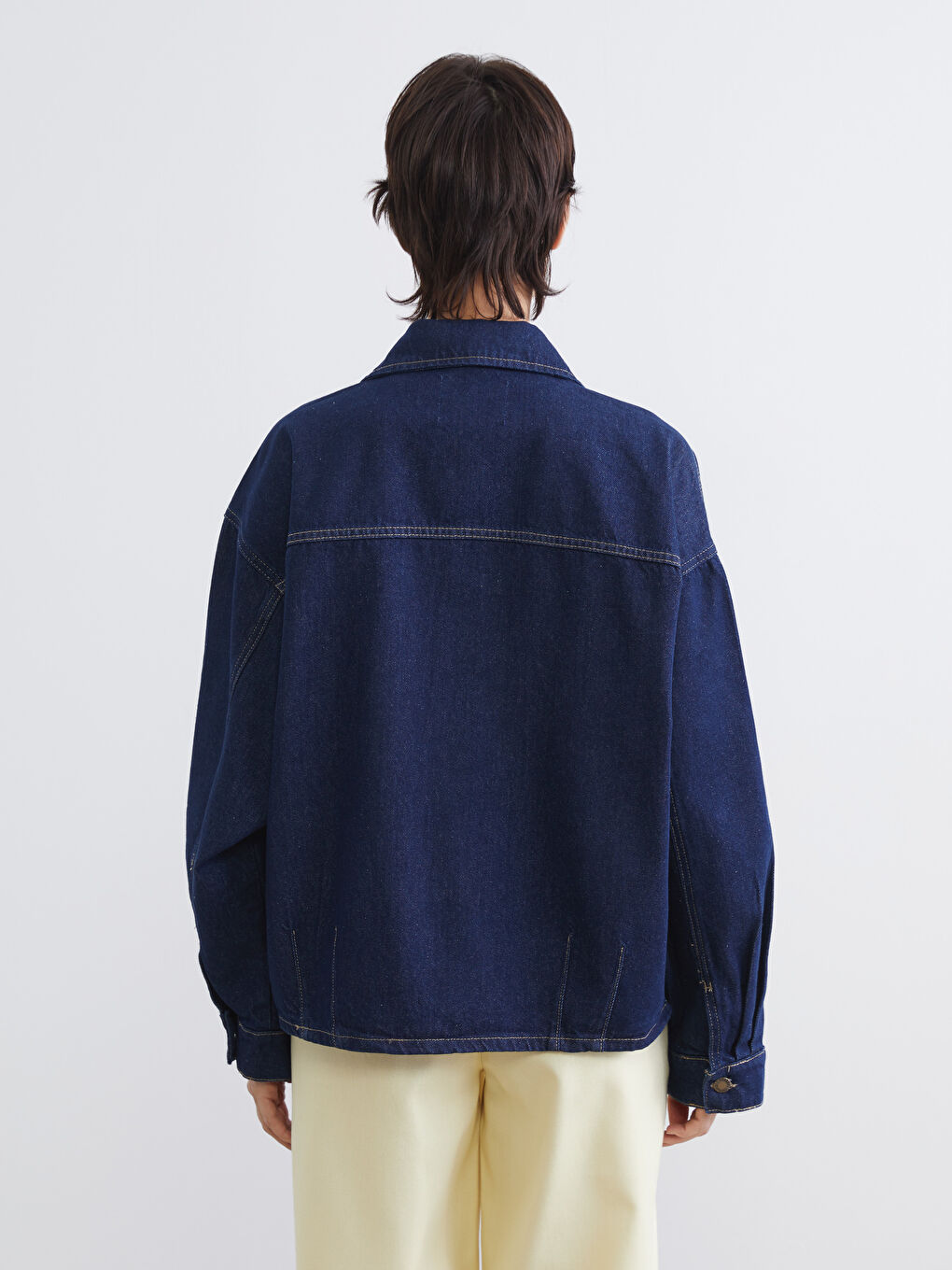 İndigo Gömlek Yaka Oversize Kadın Jean Ceket-4