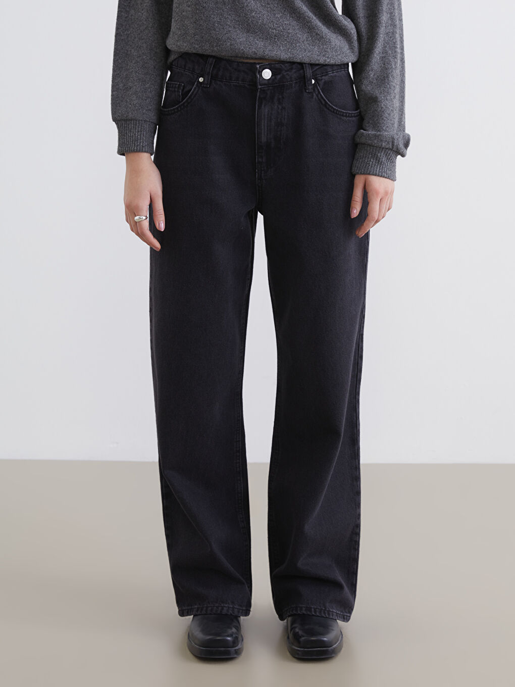 Siyah Wideleg Kadın Jean Pantolon-1