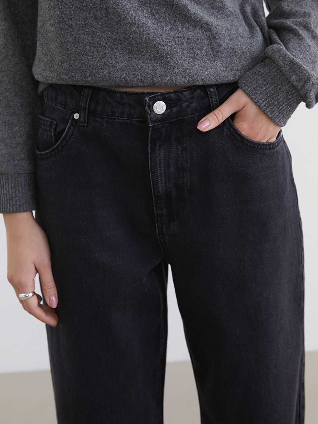 Siyah Wideleg Kadın Jean Pantolon-2