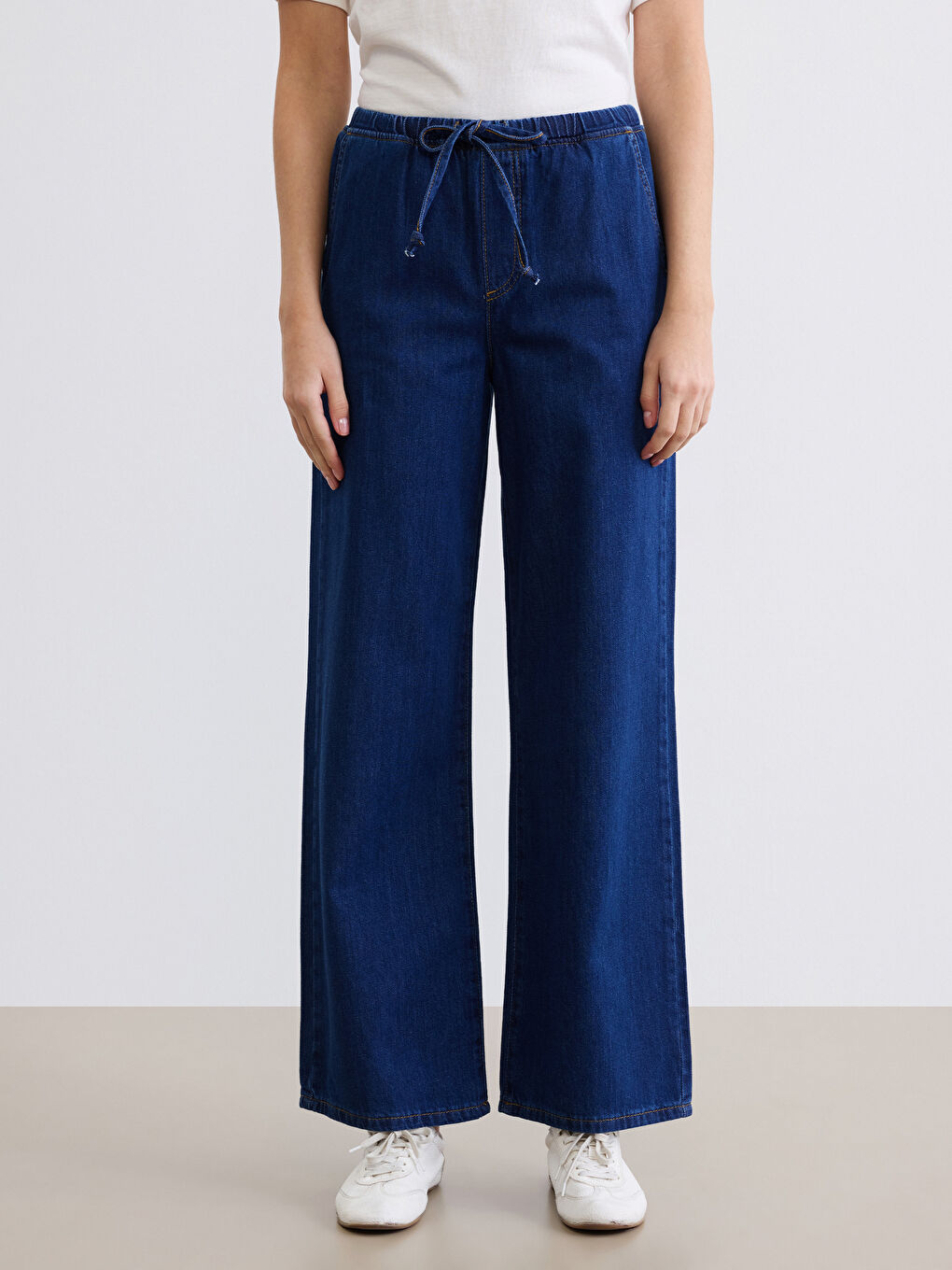 İndigo Beli Lastikli Wideleg Kadın Jean Pantolon-1