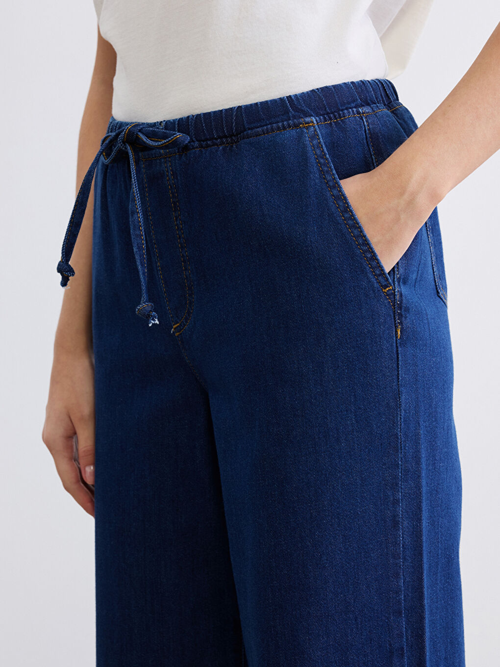 İndigo Beli Lastikli Wideleg Kadın Jean Pantolon-2