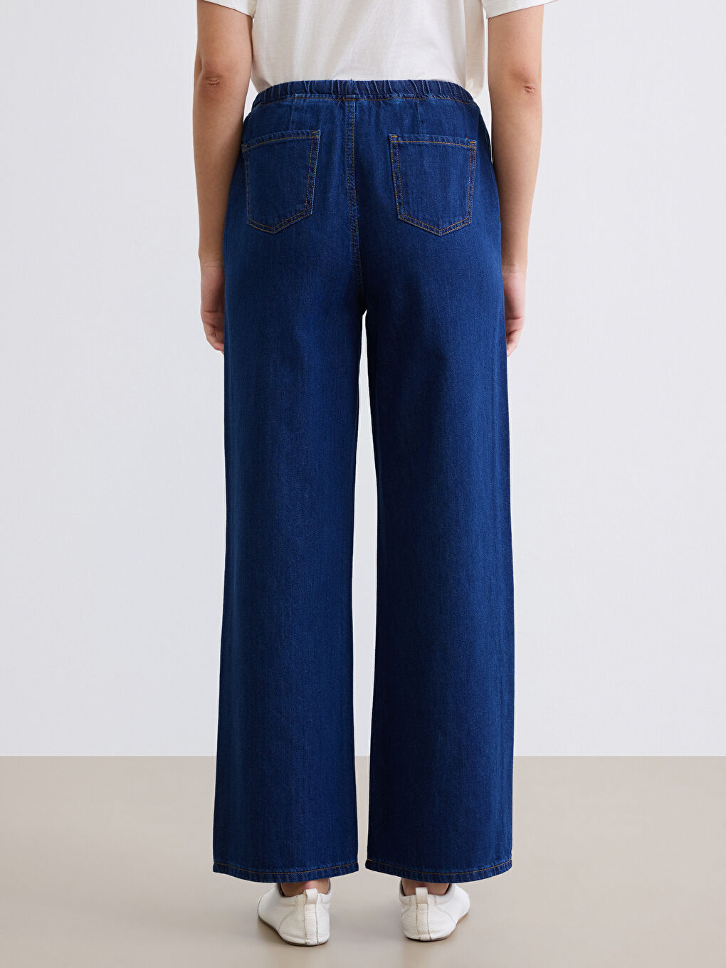 İndigo Beli Lastikli Wideleg Kadın Jean Pantolon-3