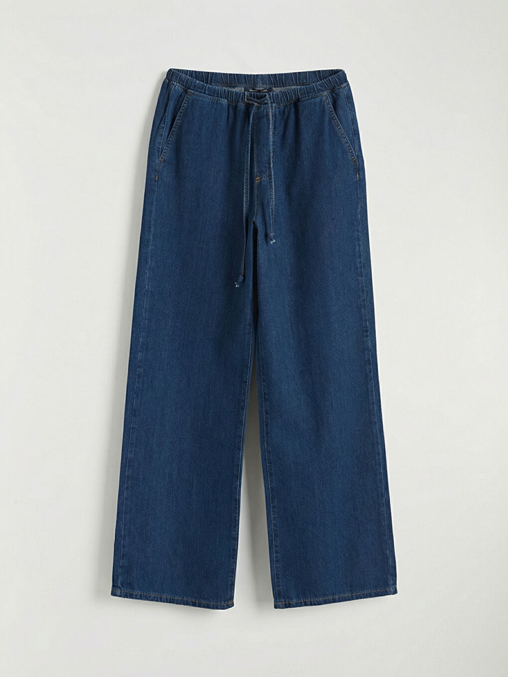 İndigo Beli Lastikli Wideleg Kadın Jean Pantolon-4