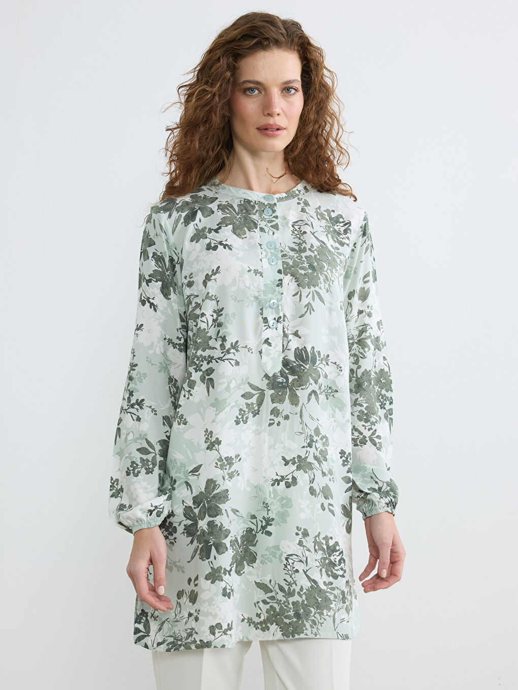Yeşil Hakim Yaka Çiçekli Balon Kollu Kadın Tunik