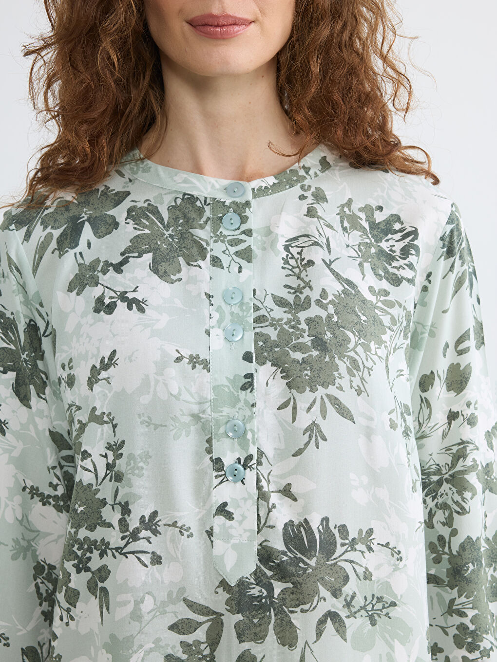 Yeşil Hakim Yaka Çiçekli Balon Kollu Kadın Tunik-2