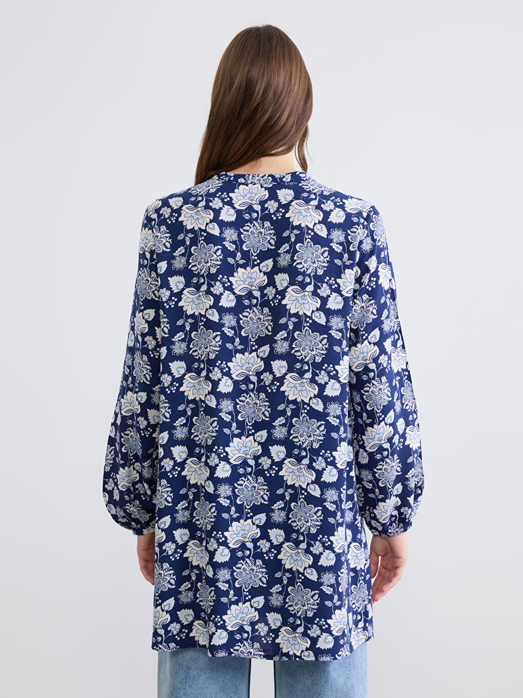 Lacivert Hakim Yaka Çiçekli Balon Kollu Kadın Tunik-4